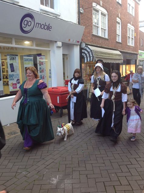 Three Bideford witches (and a very cute jester pooch)! Burley Witch Village, Witch Riding Broom, Sept Tours Discovery Of Witches, Devon Horse Show, Devon, Witch