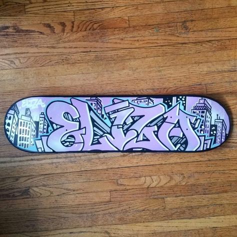 "Eliza" custom skateboard deck.  Looking for a gift idea? Let me paint you a custom canvas or skateboard deck! You pick the name and colors, I do the rest! All sizes and prices available, free shipping in the US.  I need the business really bad right now, so if you're looking for some custom art, hit me up for a price/size list! ✌ Drawing On Skateboard Ideas, Skateboard Design Paint, Drawing On Skateboard, Skate Board Painting Idea, Skateboard Graffiti Art, Custom Skateboard Art, Grunge Skateboard Design, Skateboard Graffiti Design, Skateboard Custom Paint