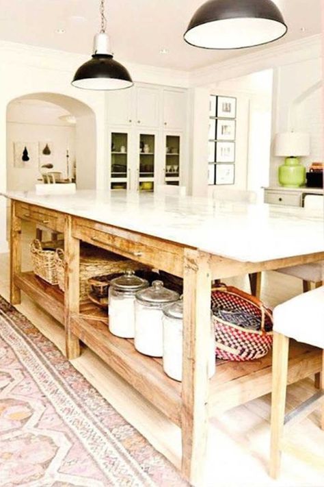 Island Without Seating, Kitchen Island Without Seating, Kitchen With Open Shelving, Farmhouse Kitchen Designs, Open Kitchen Cabinets, Homestead Kitchen, Large Open Kitchens, Rustic Ideas, Barn Kitchen