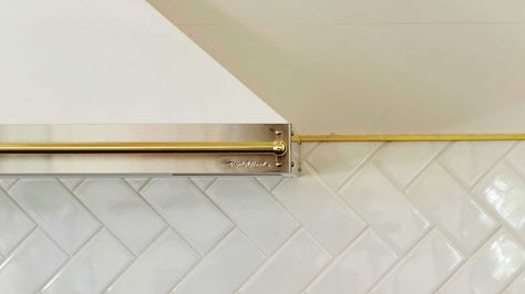 Alternative Backsplash Ideas, Classic Backsplash, Backsplash Options, Brass Strip, Bistro Kitchen, Pantry Room, Brass Trim, Subway Tile Backsplash, White Subway Tile