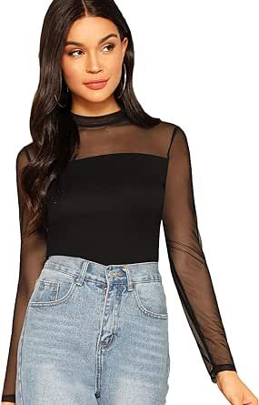 SweatyRocks Women's Mock Neck Long Sleeve Mesh Insert Elegant Blouse Tops Drop Shoulder Shirt, Black Mock Neck, Slim Fit Top, Elegant Blouses, Collar Tshirt, Mock Neck Top, Black Top, Workout Tops, Summer Women