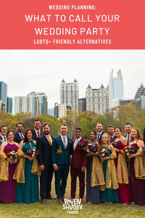 Looking for bridal party alternatives and gender-neutral wedding party names? Check out this list Nontraditional Bridal Party, Mixed Gender Bridal Party Attire, Gender Neutral Wedding Party, Gender Neutral Bridal Party, Wedding Party Multiple Colors, Mixed Gender Wedding Party Attire, Bridal Party Alternatives, Gender Neutral Wedding Party Proposal, Bridal Party Mixed Gender