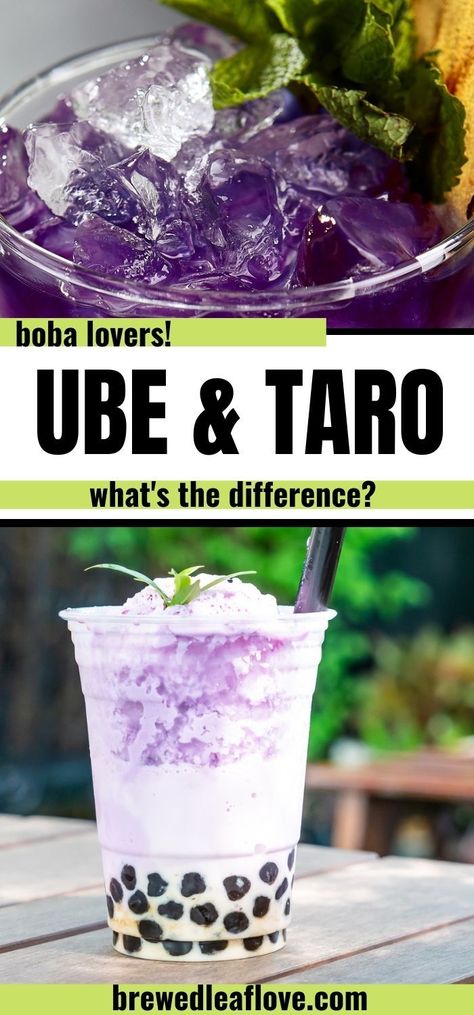 Ube and taro are both popular flavors for bubble tea. However, there's a lot of confusion between these two root vegetables and how they're used for boba. Find out about these two delicious additions to your favorite boba drink. Ube Bubble Tea, Taro Bubble Tea Aesthetic, Taro Drink Recipe, Best Boba Tea Flavors, Ube Milk Tea, Taro Drink, Ube Boba, Taro Milk Tea Recipe, Boba Ideas