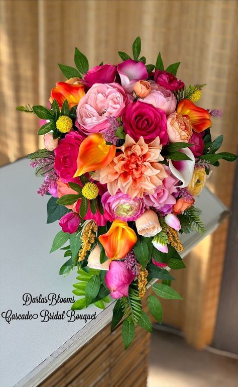 Cascade Tropical Bouquet, Silk Tropical Flowers, Beach Wedding, Bright Colored Wedding Flowers, Bridesmaid Bouquet, Orange & Pink Bouquet - Etsy Tropical Flower Wedding Bouquets, Orange Pink Wedding Flowers, Bridesmaid Bouquet Colorful, Boho Tropical Wedding Bouquet, Wedding Color Schemes Tropical, Hot Pink Beach Wedding, Hot Pink Orange Wedding, Bright Tropical Wedding, Pink And Orange Wedding Bouquet