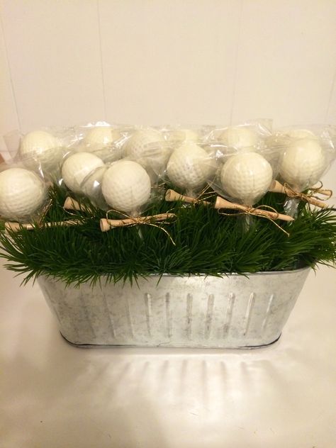 Golf Ball cake pops for a birthday. -jeniCakes cake pops Golf Treats Desserts, Golf Ball Cakepops, Golf Theme Cake Pops, Golf Cake Balls, Golf Party Dessert Table, Golf Ball Cake Balls, 50th Golf Birthday Ideas, Golf Themed Treats, Golf Party For Men