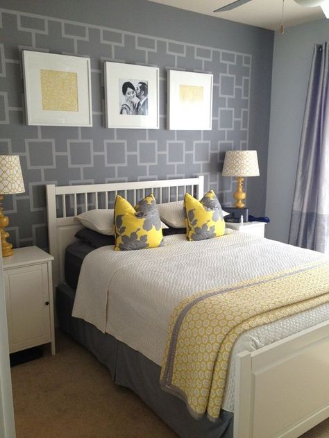 Yellow Bedroom Paint, Yellow Gray Bedroom, Grey Bedroom Design, Yellow Bedroom Decor, Grey Wall Decor, Grey Bedroom Decor, Guest Bedroom Design, Teal Bedroom, Gray Bathroom Decor