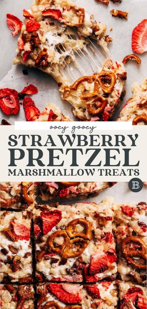 These strawberry pretzel marshmallow treats combine sweet freeze dried strawberries, crispy rice cereal, and roasted pretzels to create the easiest and most delicious marshmallow treat! Strawberry Pretzel Rice Crispy Treats, Strawberry Rice Crispy Treats, Marshmellow Treats, Cereal Treat Bars, Marshmallow Treats Recipe, Best Chocolate Chip Muffins, Rice Krispies Recipe, Butternut Bakery, Marshmallow Cereal