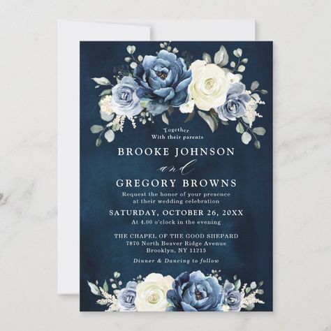 Dusty Blue Navy Champagne Ivory Floral Wedding  In Invitation  Zazzle Dusty Rose Wedding, Rose Wedding Invitations, Elegant Bouquet, Ivory Roses, Watercolor Bouquet, Dusty Blue Weddings, Blue Wedding Invitations, Rehearsal Dinner Invitations, Simple Wedding Invitations