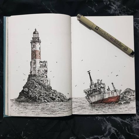 Abandoned Lighthouse And Derelict Ship Living On The Edge Aesthetic, Lighthouse Ink Drawing, Lighthouse Line Art, Abandoned Lighthouse, Draw Nature, Lighthouse Sketch, Small Sketches, Ship Sketch, Lighthouse Drawing