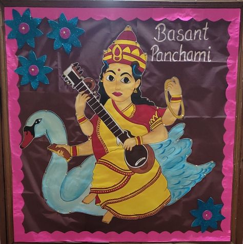 Board decoration for basant panchami Basant Panchami Board Decoration Ideas, Vasant Panchami Decoration In School, Basant Panchami Craft For Kids, Vasant Panchami, Basant Panchami, School Board Decoration, Hindi Language Learning, Hanuman Pics, Board Decoration