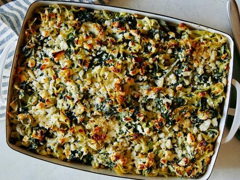 Spinach and Feta Noodle Kugel Recipe | Food Network Kitchen | Food Network Noodle Kugel Recipe, Hanukkah Food, Vegetarian Sides, Spinach And Feta, Jewish Recipes, Mixed Greens, Kitchen Food, Food Network, Pasta Dishes