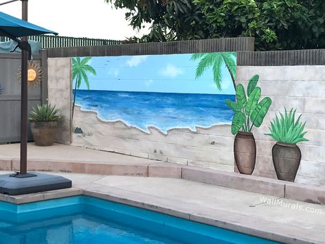 Ocean Mural - Painted Cinder-block Wall - Backyard Backyard Wall Painting Ideas, Outdoor Cement Wall Murals, Block Wall Mural Backyard, Pool Murals Painted Walls, Backyard Walls, Poolside Mural, Beach Themed Rooms, Murals Outdoor, Fence Drawing