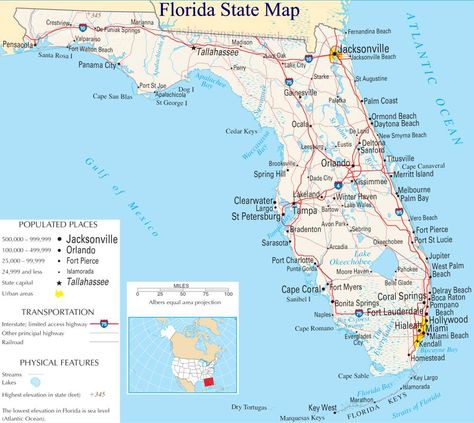 A large detailed map of Florida State Map Of Florida Cities, Florida State Map, North America Map, Daytona Beach Florida, Everglades National Park, Map Of Florida, Fernandina Beach, United States Map, New Smyrna Beach