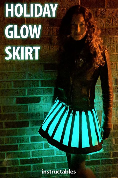 This stylish black and white skirt looks ordinary until you flip the switch and then it glows in a variety of colors. #fashion #LED #light #holiday #wearable #burningman #neopixel Glow Party Outfit Diy, Glow In The Dark Clothes Diy, Light Up Clothing, Glow In The Dark Party Outfit, Glow Clothes, Glowing Costume, Led Skirt, Glow In The Dark Costume, Firefly Costume