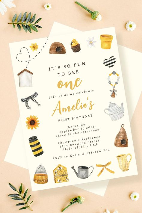 Modern Cute its so fun to bee one 1st birthday Invitation Birthday Bee Theme, Fun To Bee One, 1st Birthday Theme, Bee Day, 1st Birthday Themes, 1st Birthday Invitation, 1st Birthday Invitations, Bee Theme, Birthday Design