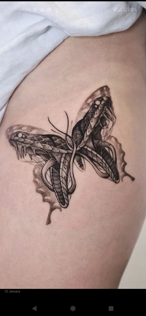 Butterfly Snake Tattoo, Snake And Butterfly Tattoo, Snake Butterfly Tattoo, Perth Tattoo, Tattoo On Thigh, Robot Tattoo, Tats Ideas, Australian Tattoo, Tattoo Artist Tattoo