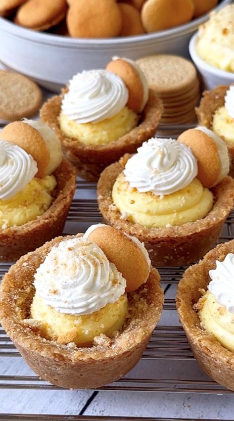 bpc Banana Pudding Cookies, Banana Pudding Cupcakes, Cookie Dough Frosting, Cookie Cups Recipe, Cinnamon Roll Cookies, Powder Sugar, Pudding Cookies, Banana Cookies, Pudding Cups