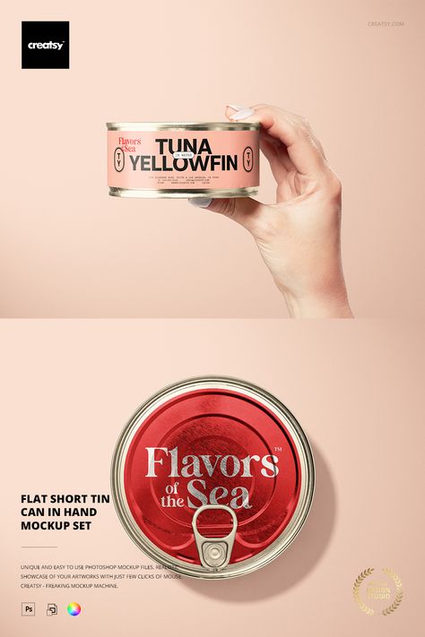 An impressive Short Flat Tin Can in Hand Mockup Set designed for highlighting branding and packaging design of a food company. The mockup portrays a short flat tin can held in a hand, offering a tangible and relatable setting to showcase the brand's products. With its exceptional editability, the set allows customization for a personalized presentation of the brand's identity and packaging design. Food Packaging Photography, Presentation Branding, Chef Aesthetic, Business Packaging Ideas, Packaging Photography, Crab Shack, Sea Can, Small Business Packaging Ideas, Business Packaging