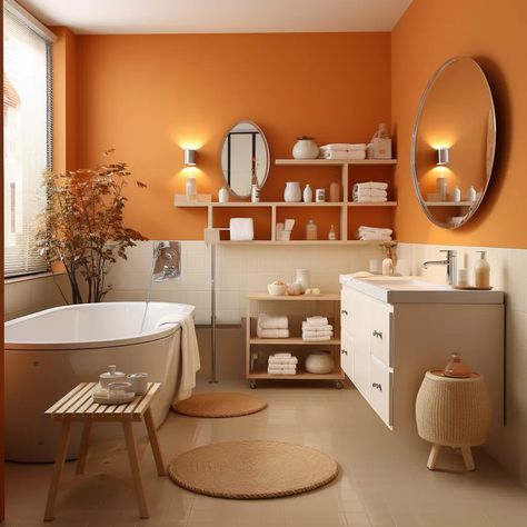 https://bleu-canard.fr/wp-content/uploads/2023/08/salle-de-bain-orange-moderne.webp Terracotta Bathroom Ideas, Orange Bathroom Ideas, Orange Bathrooms Designs, Main Bathroom Ideas, Orange Bathroom, Orange Bathrooms, Brick Exterior House, Downstairs Bathroom, Bathroom Inspiration Decor