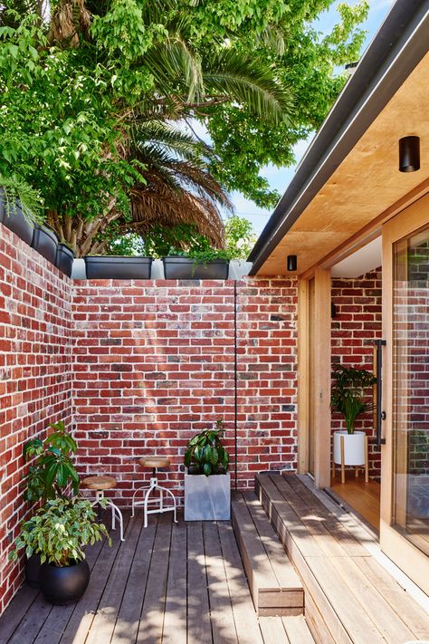 Red brick paving from the backyard has been recycled and now used as an internal feature wall and an external brick wall. #BrickAccentWall #BrickWall #OutdoorSpace Red Brick Paving, Red Brick House Exterior, Recycled Brick, Brick Paving, A Brick Wall, Cottage Renovation, Victor Vasarely, Red Brick House, Brick Exterior House