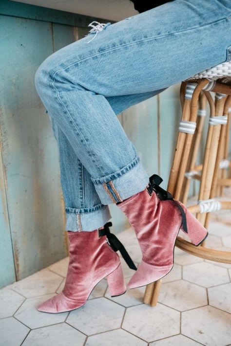 Pink Velvet Booties | bows & sequins Pink Velvet Boots, Pink Velvet Shoes, Barbie Nutcracker, Fashionably Late, Velvet Boots, Velvet Shoes, Fashion Portfolio, Oversize Fashion, Style Pink