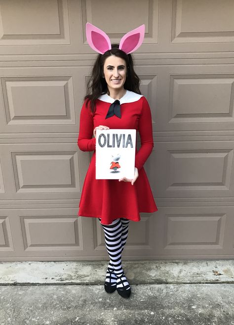 Olivia the Pig Halloween Costume Olivia Book Character Costume, Olivia The Pig Costume, Book Character Teacher Costumes, Pig The Pug Costume Book Week, Teacher Halloween Costumes Elementary, Childrens Book Character Costumes, Story Book Costumes, Easy Book Week Costumes, Storybook Costumes