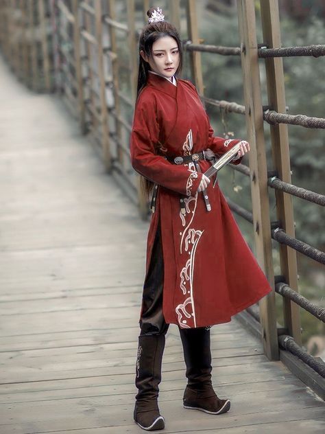 Samurai Inspired Outfit, Modern Traditional Japanese Clothing, Red Warrior Outfit, Asian Fantasy Clothing, Chinese Warrior Outfit, Hanfu Swordsman, Fantasy Japanese Clothing, Winter Hanfu, Chinese Clothing Modern