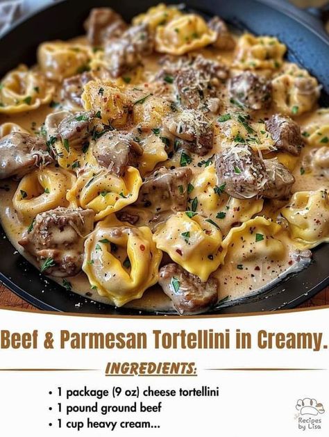 Mama's  Cooking Recipes | 🍝 Beef & Parmesan Tortellini in Creamy Sauce – A Comforting Delight | Facebook Beef And Parmesan Tortellini, Parmesan Tortellini, Cheesy Tortellini, Tortellini Recipes, Recipes Beef, Crockpot Recipes Beef, Pasta Dinners, Pasta Dinner Recipes, Comfort Dishes