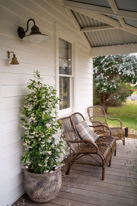 Front Verandah Styling, Minimal Home Outside, Australian Farmhouse Interior, Australian Verandah, Country Verandah, Australian Cottage Garden, Farm Cottage Exterior, Verandah Styling, House Exterior Australian