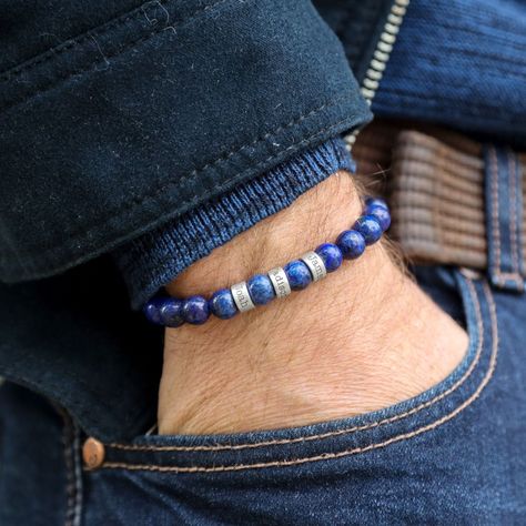 Lapis Lazuli Men Name Bracelet by Talisa Lapis Lazuli Beaded Bracelets As Gift, Sapphire Beaded Lapis Lazuli Bracelets For Gifts, Lapis Lazuli Bracelet Men, Luxury Men's Lapis Lazuli Jewelry, Silver Lapis Lazuli Hand-strung Bracelets, Senior Hoco, Blue Bracelets, Lapis Lazuli Bracelet, Lapis Lazuli Beads