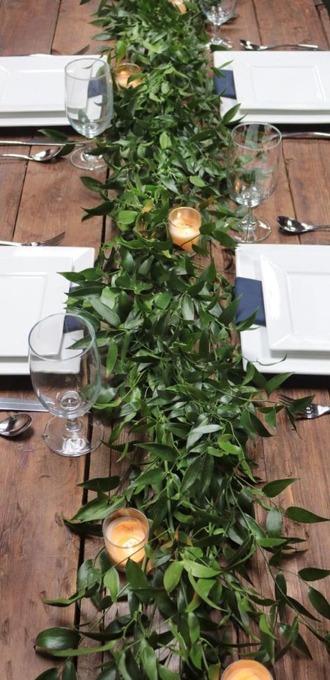 a very lush greenery table runner with candles is a chic idea for any modern wedding, it's very refreshing Floral Table Runners Wedding, Greenery Table Runner, Greenery Wedding Table, Diy Floral Centerpieces, Wedding Candles Table, Wedding Flower Design, Table Garland, Diy Wedding Table, Table Runner Diy