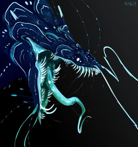 Blue Sea Dragon Art, Eel Monster Art, Fish Monster Concept Art, Deep Sea Monsters Art, Eldritch Sea Monster, Ocean Monsters Deep Sea Creature, Water Dragon Oc, Sea Creature Concept Art, Leviathan Concept Art