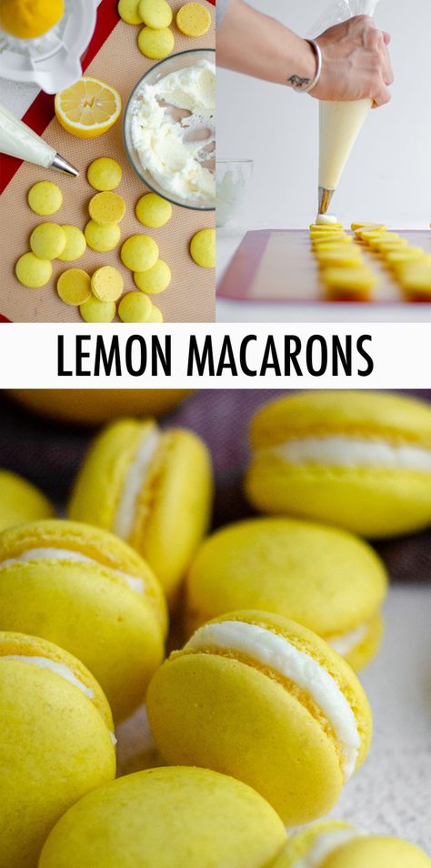 These sweet and tart lemon macarons are filled with a tangy lemon buttercream. The lemon French macarons feature actual lemon zest as well as lemon extract to bring all the flavor without sacrificing that light and airy macaron texture. via @frshaprilflours Macarons Lemon, Lemon Macaron Recipe, Macaroon Filling, Lemon Macaroons, Lemon Pancakes, Lemon Macarons, Vegan Lemon Cake, Lemon Buttercream Frosting, Macaron Filling