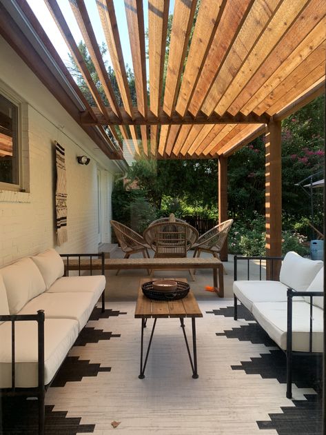 Rancher Patio Ideas, Pergola On Ranch House, Pergola Ranch House, Modern Pergola Front Of House, Ranch Style Backyard Patio, Ranch House Backyard Patio Ideas, Ranch House Pergola, Ranch Style Home Back Patio Ideas, Cedar Pergola Ideas