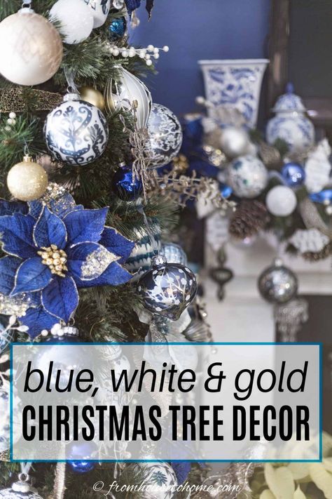 Gold Christmas Tree Decor, Blue And White Christmas Tree, White And Gold Christmas, Blue And White Christmas, Gold Christmas Tree Decorations, Gold Christmas Decorations, Gold Color Scheme, Trees Christmas, White Ornaments