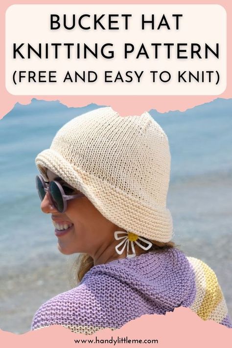 Bucket hat knitting pattern (Free and easy to knit). Make a knitted bucket hat from cotton to wear all through the summer. Easy for beginners! Bucket Hat Knitting, Bucket Hat Pattern Free, Knit Hat Pattern Easy, Knitted Bucket Hat, Knitting Abbreviations, Summer Knitting Patterns, Girl Hats, Knitting Terms, Bucket Hat Pattern