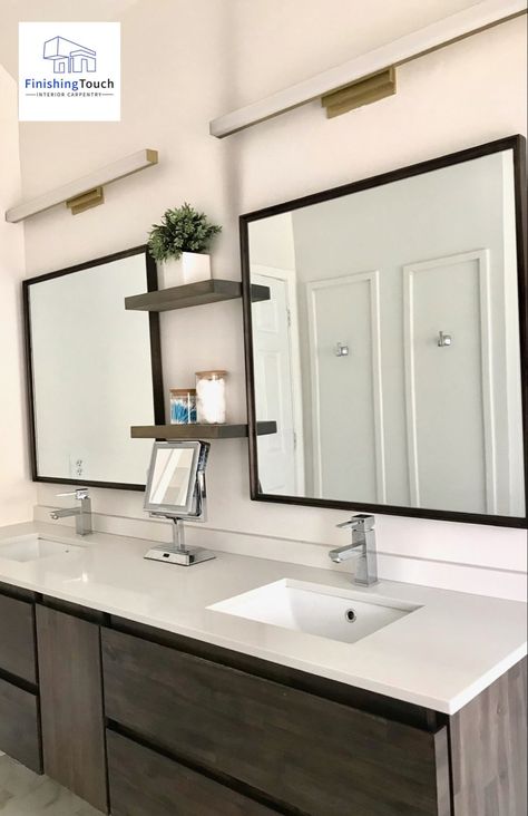 Floating Shelves Over Bathroom Vanity, Double Mirror Bathroom Ideas, Shelving Between Mirrors In Bathroom, Shelves Between Vanity Mirrors, Bathroom Mirror With Shelves In Middle, Mirror In Bathroom Ideas Master Bath, Dual Sink Bathroom Mirror Ideas, Bathroom Vanity Floating Shelves, Two Sink Mirror Ideas