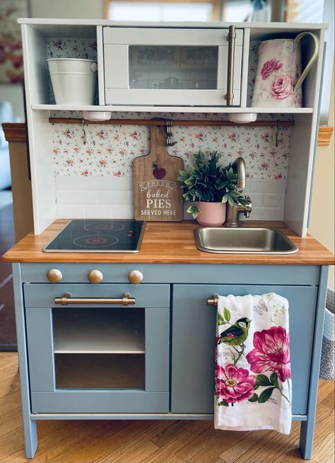 Upcycle Play Kitchen, Ikea Functional Play Kitchen, Ikea Kids Kitchen Makeover, Farmhouse Play Kitchen, Toy Kitchen Makeover, Ikea Duktig Makeover, Paint Cabinet Hardware, Duktig Kitchen Hack, Ikea Play Kitchen Makeover