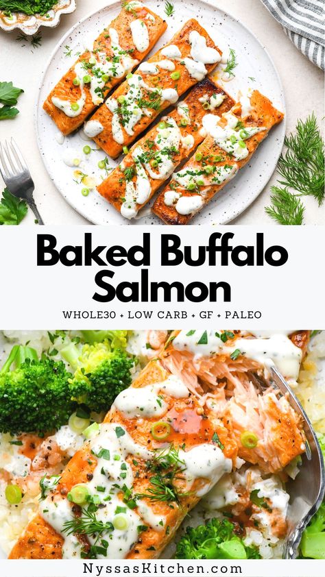 Dairy Free Fish Recipes, Dairy Free Salmon Recipes, Gluten Free Salmon Recipes, Buffalo Salmon, Whole30 Salmon Recipes, Yogic Diet, Salmon Recipes Oven, Gluten Free Salmon, Whole30 Fish Recipes