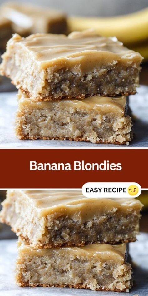 These soft and chewy Banana Blondies are a delicious twist on classic banana bread, perfect for dessert or a sweet snack. Topped with a rich caramel icing, they’re easy to make and packed with flavor. Try this simple recipe for a crowd-pleasing treat that’s sure to satisfy any sweet tooth. Ideal for banana lovers and those looking for a quick dessert recipe! Banana Bread Blondies, Banana Blondies Recipe, Recipes With Bananas, Ripe Banana Recipes, Lemon Sugar Cookies Recipe, Banana Blondies, Classic Banana Bread, Caramel Icing, Banana Bars