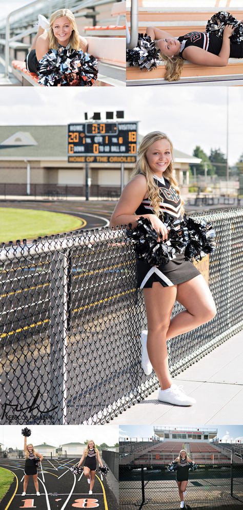 Senior Cheerleading Pictures Photo Ideas, Outdoor Cheerleading Pictures, Cheerleader Photography Poses, Cheerleader Picture Ideas, Senior Picture Cheer Ideas, Dance Team Photos Individual, Senior Picture Ideas For Cheerleaders, Unique Cheer Pictures, Cheer Portraits Cheerleading Poses