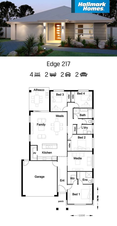 House Plans With Garage, House Design Floor Plans, One Story House, Dröm Hus Planer, Single Storey House Plans, Small Modern House Plans, 4 Bedroom House Plans, Modern Bungalow House, House Plan Gallery