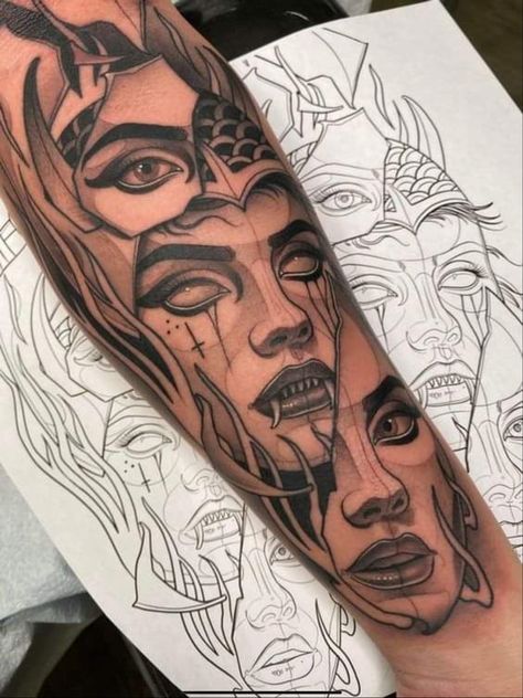 Gian Karle Tattoo, Tattoo With Women Face, Two Face Woman Tattoo, Forearm Tattoo Of Woman Face, Evil Goddess Tattoo, Two Faced Woman Tattoo, Tattoo Of Female Face, Split Face Tattoo Design, Demon Horse Tattoo