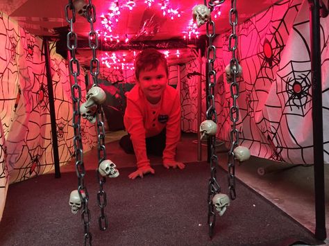 Spider Cave Cavern - 3rd row - 6th station - spiders, hanging bats, chains and skulls- and oh so much fun to crawl through. Spider Cave, Halloween Haunted House Diy, Hanging Bats, Halloween Haunted Houses, Kids Halloween, Halloween Haunt, Spiders, Halloween Kids, Haunted House