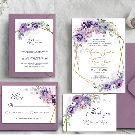 Description Purple Wedding Invitation Template, Wedding Suite, Wedding Invites, Lilac Wedding Invitation Template with Dusty Blue Flowers. INCLUDED Invitation - 5" x 7" Invitation Back side - 5" x 7" (optional) Reception - 3.5" x 5" Rsvp - 5" x 3.5" Thank you - 5" x 3.5" HOW IT WORKS 1. After purchase, you will receive an email from Etsy with a link to access your templates. 2. Click on the link and you will be redirected to template. 3. Personalize design. You can edit all elements, background, Lilac And White Wedding Invitations, Wedding Cards Purple, Violet Wedding Invitations, Wedding Invite Styles, Purple Wedding Invite, Wisteria Wedding Invitations, Emerald And Purple Wedding, Purple Wedding Invitations Elegant, Lilac And Blue Wedding