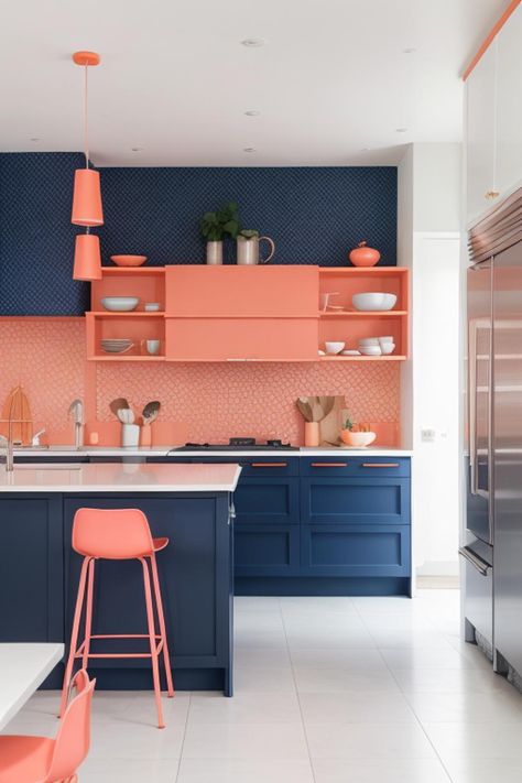 Navy Blue and Coral Kitchen Design Ideas Inspiration Shop Blue Orange Color Scheme, Coral Kitchen, Navy Blue And Coral, Navy Blue Kitchen, Kitchen Blue, Orange Color Schemes, Teal Kitchen, Pink Furniture, Gray And White Kitchen