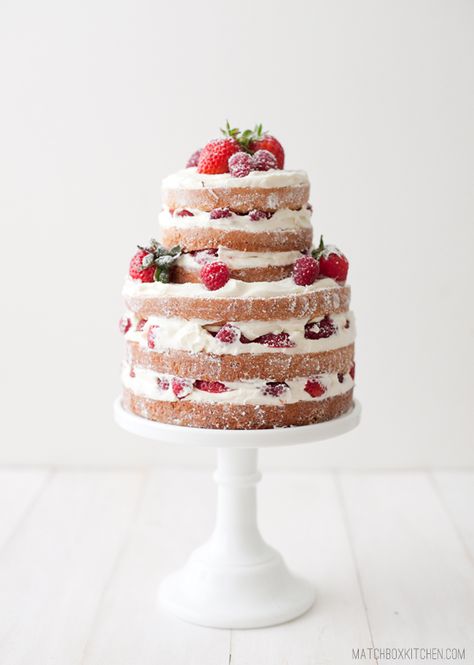 Naked Strawberry Rasberry Shortcake, How To Make (almost) Any Cake — Matchbox Kitchen Berry Wedding Cake, Berry Wedding, Torte Cupcake, Naked Cakes, Simple Wedding Cake, Wedding Cake Inspiration, Chiffon Cake, Food Cakes