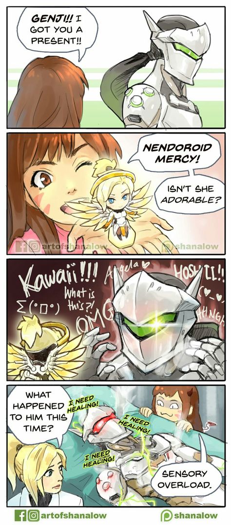 Genji loves Kawaii Mercy Genji Mercy, Overwatch Genji, Overwatch Funny, Overwatch Memes, Mercy Overwatch, Overwatch Comic, Overwatch Fan Art, Video Game Memes, Overwatch 2