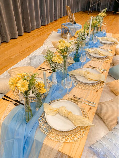 Blue Yellow Party Theme, Blue Yellow Decorations Party, Bridal Shower Yellow And Blue, Light Blue And Yellow Wedding Centerpieces, Blue And Yellow Wedding Table Decor, Graduation Party Ideas Blue And Yellow, Dusty Blue And Lemon Yellow Wedding, Yellow Blue White Wedding, Yellow And Blue Birthday Decor