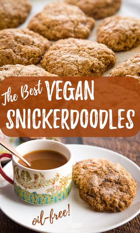 Vegan Snickerdoodles: These delicious plant-based cookies have absolutely no vegan butter or oil and are soft, chewy, and cinnamon-y! #vegan #wfpb Healthy Vegan Dessert, Vegan Snickerdoodles, Cheesecake Vegan, Vegan Baking Recipes, Vegan Cookies Recipes, Wfpb Recipes, Recipe Vegetarian, Dessert Easy, Cake Vegan